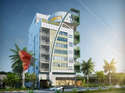 3d front elevation shopping attach 3 star hotel landscape rendering
